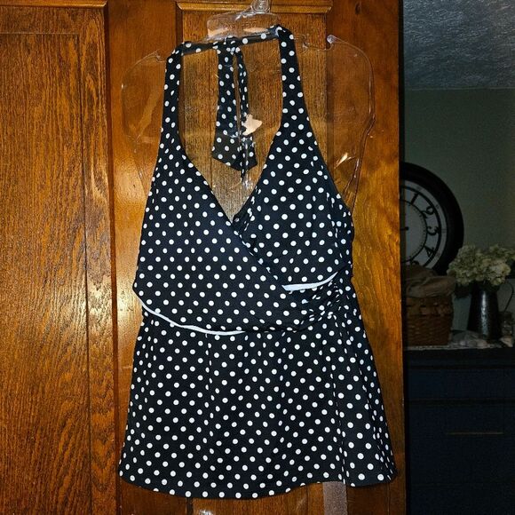 Lands’ End Black White Polka‑Dot Tankini Top Women’s Size 10 Shelf Bra Adj - Picture 1 of 5